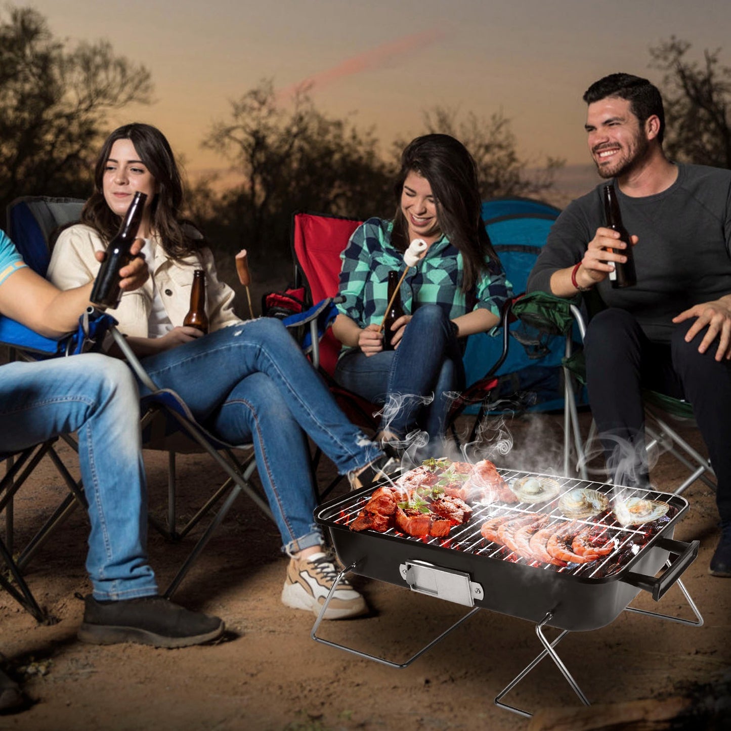 Portable Charcoal Grill Outdoor Tabletop Grill Small Barbecue Smoker Folding BBQ Grill With Lid For Camping Picnics Beach