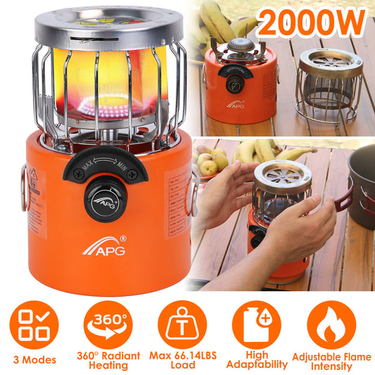 2000W 2 In 1 Camping Stove Tent Heater Outdoor Gas Stove Portable Backpacking Stove With 3 Modes 360 Degree Radiant Heating For Camping Hiking Picnic BBQ